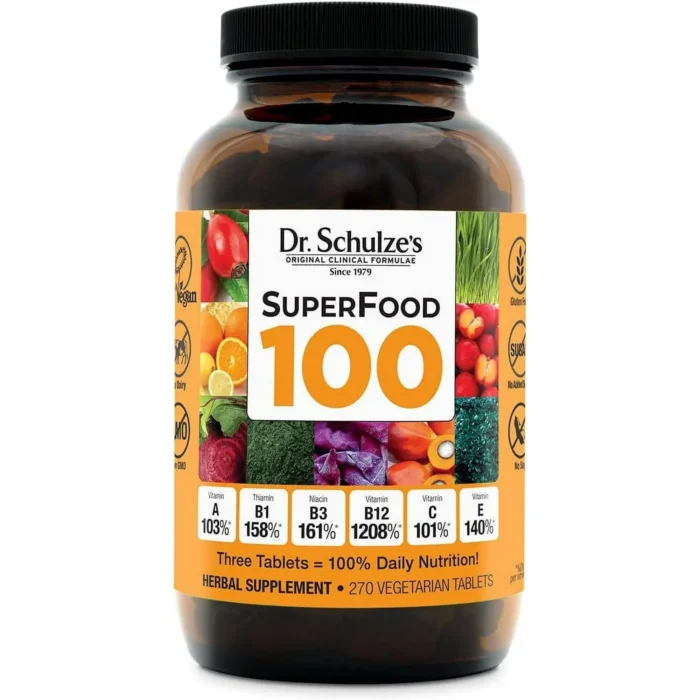 Dr. Schulze's | SuperFood 100 | Vitamin & Mineral Herbal Concentrate | Dietary Supplement | Daily Nutrition & Increased Energy | Gluten-Free & Non-GMO | Vegan & Organic | 270 Tabs - Image 1