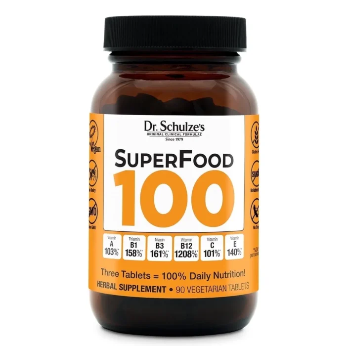 Dr. Schulze's Superfood 100 Tablets Daily Vegan, Herbal and Food Nutrition, Botanical Ingredients, Increased Energy & Improved Fitness,Health Supplements, Organic Dietary Supplements - 90 Counts - Image 1