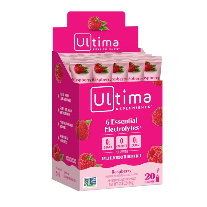 Ultima Replenisher, Electrolyte Hydration Drink Mix, Raspberry, 20 Count Stickpacks Box - Image 1