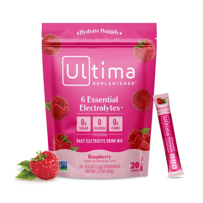 Ultima Replenisher Daily Electrolyte Powder Drink Mix – Raspberry, 20 Stickpacks – Hydration Packets with 6 Key Electrolytes and Trace Minerals - Image 1